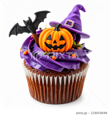 Halloween Cupcake with Purple Frosting and Decorations 128058646