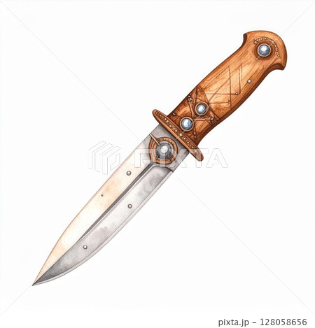 Ornate Dagger with Wooden Handle Watercolor Illustration 128058656