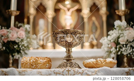 A gold bowl with a cross on it sits on a table next to a loaf of bread 128058706