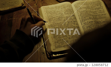 A person is writing in a book with a pen 128058712