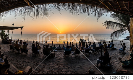 A group of people are gathered on a beach 128058753