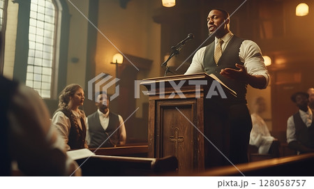 A man stands at a podium in front of a group of people A man stands at a podium in front of a group of people 128058757