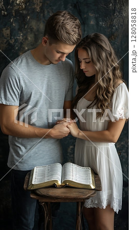 A man and a woman are praying together in front of a Bible 128058818