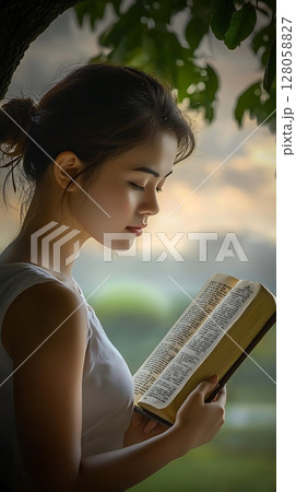A woman is reading a book in a park 128058827