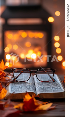 A book with a pair of glasses on top of it 128058832
