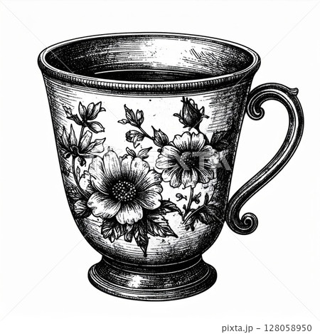 Vintage Floral Teacup Illustration 128058950
