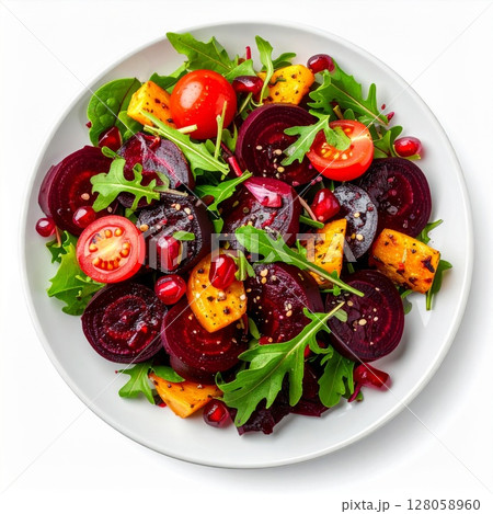 Colorful Beetroot Salad with Pomegranate and Arugula 128058960