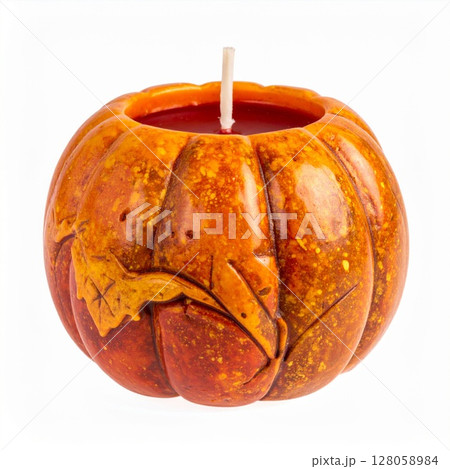 Orange Pumpkin Shaped Candle with Red Wax and Leaf Design 128058984