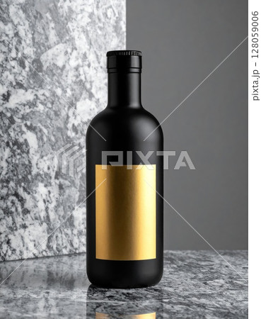 Black Wine Bottle with Gold Label on Marble 128059006