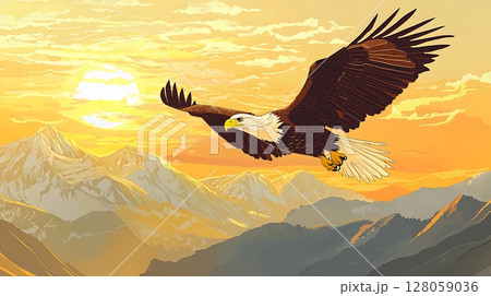 A majestic eagle is soaring through the sky above a mountain range 128059036