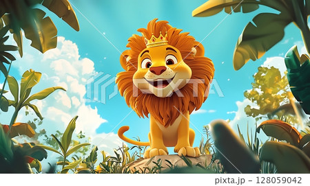 A cartoon lion is sitting on a rock in a jungle A cartoon lion is sitting on a rock in a jungle 128059042