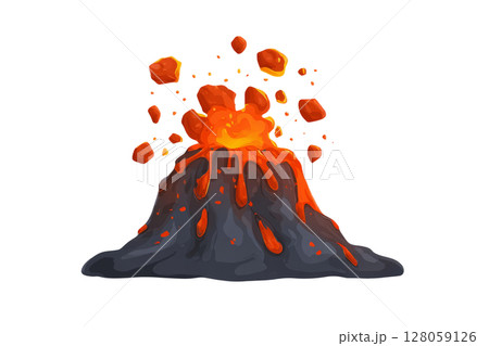 Molten lava burst with flying magma chunks minimal on white 128059126