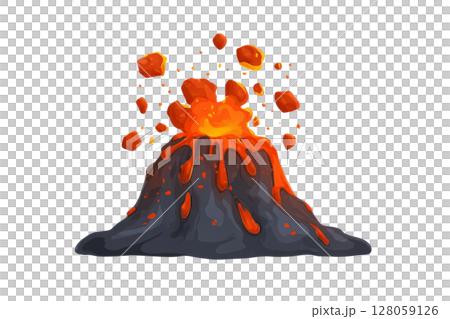 Molten lava burst with flying magma chunks minimal on white 128059126