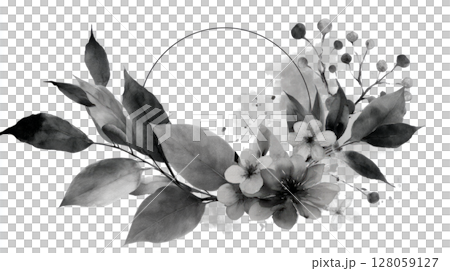 Muted grayscale botanical wreath, circular watercolor frame with transparent middle 128059127