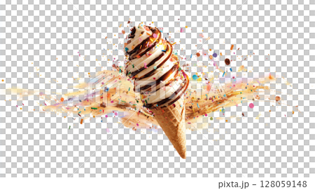 Ice cream scoop spiraling upward with confetti splash and chocolate drizzle 128059148