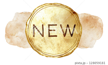 Embossed gold foil seal with the word NEW in bold uppercase, isolated on white 128059181
