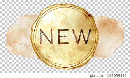 Embossed gold foil seal with the word NEW in bold uppercase, isolated on white 128059181