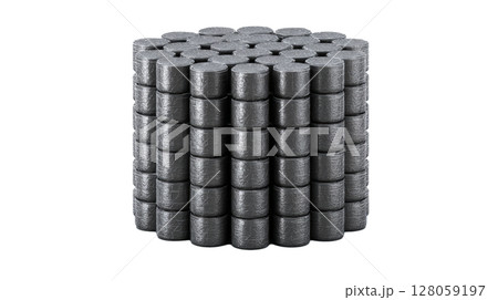 uranium fuel pellet stack, metallic gray texture, clean white background 128059197