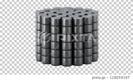 uranium fuel pellet stack, metallic gray texture, clean white background 128059197