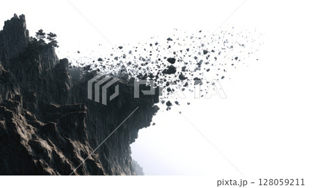 cliff fragments falling off a mountain minimal on white 128059211