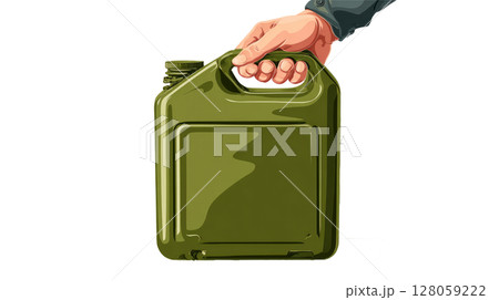 Green military-style metal jerrycan with hand holding 128059222