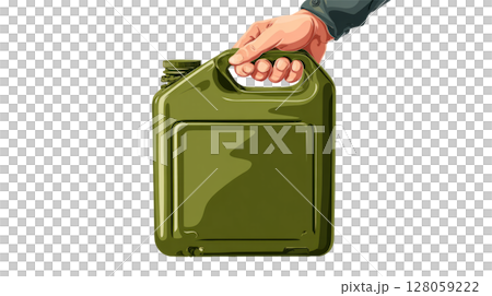 Green military-style metal jerrycan with hand holding 128059222