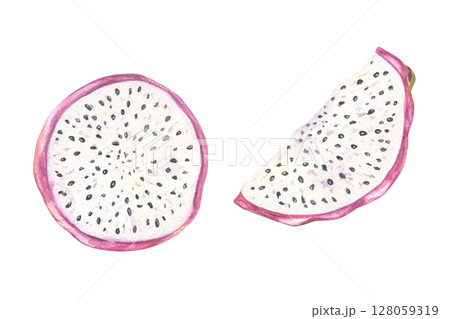 Two fresh pitaya slices with juicy white flesh watercolor illustration isolated background. Tropical dragon fruit for healthy food packaging, juice labels, vegan recipes, and summer menu designs. 128059319
