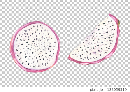 Two fresh pitaya slices with juicy white flesh watercolor illustration isolated background. Tropical dragon fruit for healthy food packaging, juice labels, vegan recipes, and summer menu designs. Two fresh pitaya slices with juicy white flesh watercolor illustration isolated background. Tropical dragon fruit for healthy food packaging, juice labels, vegan recipes, and summer menu designs. 128059319