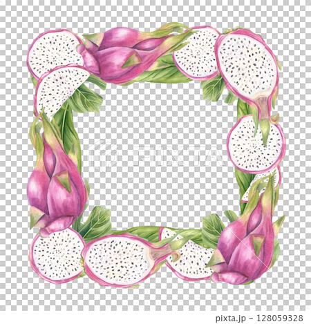pink pitaya fruits and lush monstera leaves square watercolor border isolated background. Tropical fruit illustration with blank space for text. For invitations, exotic menu, spa packaging pink pitaya fruits and lush monstera leaves square watercolor border isolated background. Tropical fruit illustration with blank space for text. For invitations, exotic menu, spa packaging 128059328