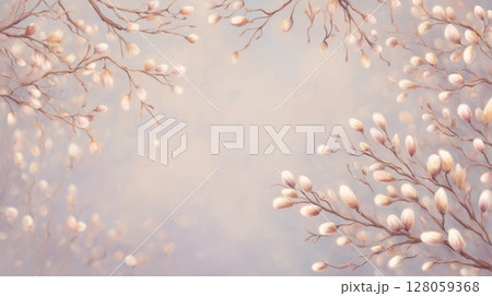 subtle leafy branches and buds in soft pastel tones framing empty space 128059368