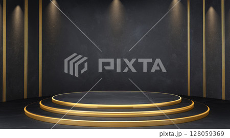 podium on black background with flowing gold and soft luxury light 128059369