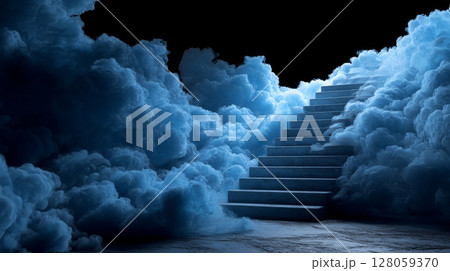 surreal magic fog, light blue smoke forming floating stairs in black void 128059370