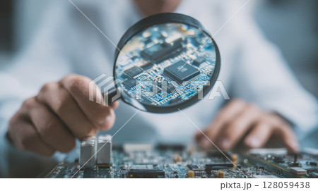 Minimalist aesthetic, tech worker assembling circuit board under magnifying lens Minimalist aesthetic, tech worker assembling circuit board under magnifying lens 128059438