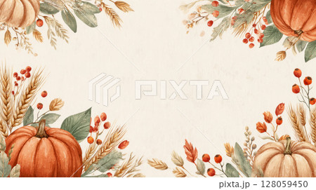 autumn backgrounds with pumpkins, berries and fall foliage 128059450