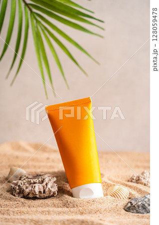 Sunblock or sunscreen in cosmetic tube 128059478