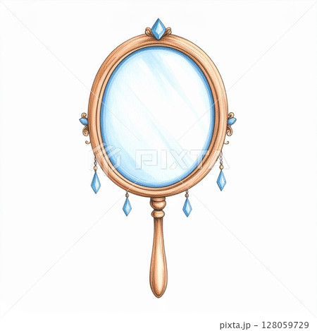 Ornate Gold Hand Mirror with Blue Gems Illustration 128059729