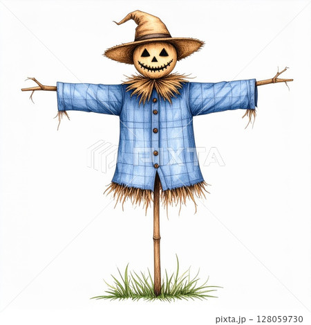 Friendly Scarecrow with Blue Shirt in Autumn Field Friendly Scarecrow with Blue Shirt in Autumn Field 128059730