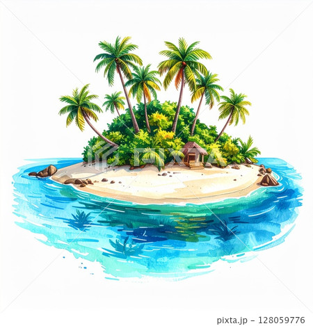 Watercolor Tropical Island Scene with Palm Trees 128059776