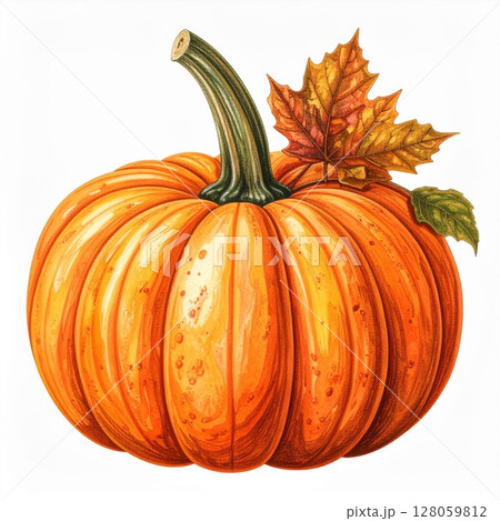 Orange Pumpkin with Maple Leaf Illustration Orange Pumpkin with Maple Leaf Illustration 128059812