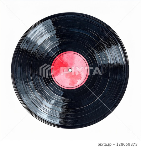 Black Vinyl Record with Red Label Watercolor Illustration 128059875