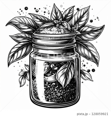 Glass Jar of Dried Basil with Fresh Leaves 128059921