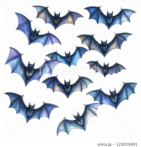 Watercolor Illustration of Bats in Flight 128059991