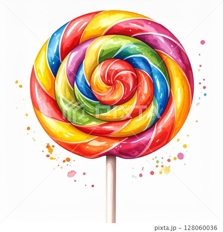 Rainbow Swirl Lollipop Watercolor Painting 128060036