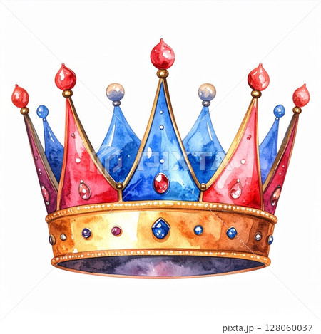 Watercolor Red Blue Gold Crown with Gems 128060037