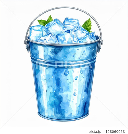 Blue Metal Bucket Filled with Ice Cubes and Mint 128060038