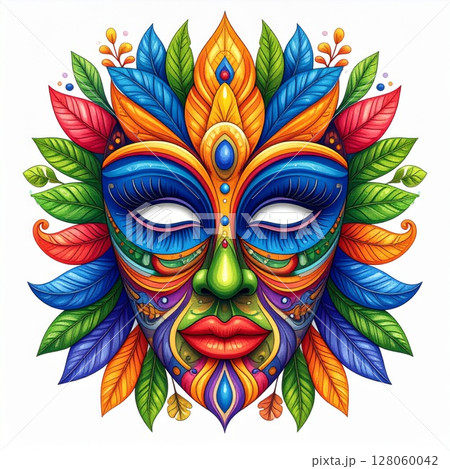 Colorful Ornate Mask with Tropical Feathers and Leaves 128060042