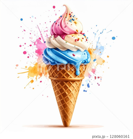 Colorful Ice Cream Cone with Sprinkles and Watercolor Splashes Colorful Ice Cream Cone with Sprinkles and Watercolor Splashes 128060161