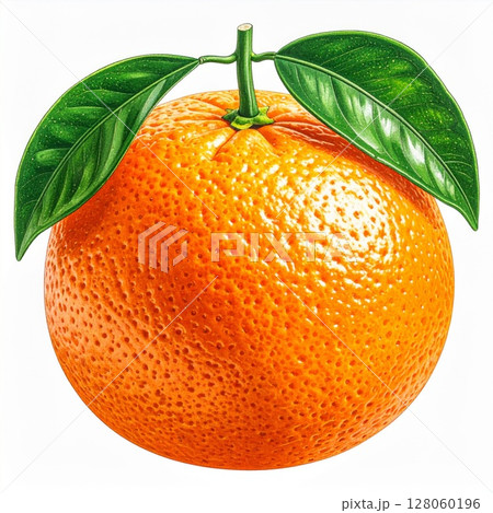 Ripe Orange with Green Leaves on White Background 128060196