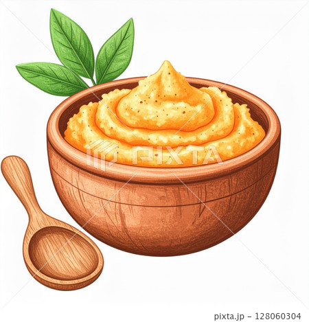 Creamy Mashed Sweet Potato in Wooden Bowl 128060304