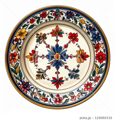 Colorful Floral Ceramic Plate with Gold Border 128060310